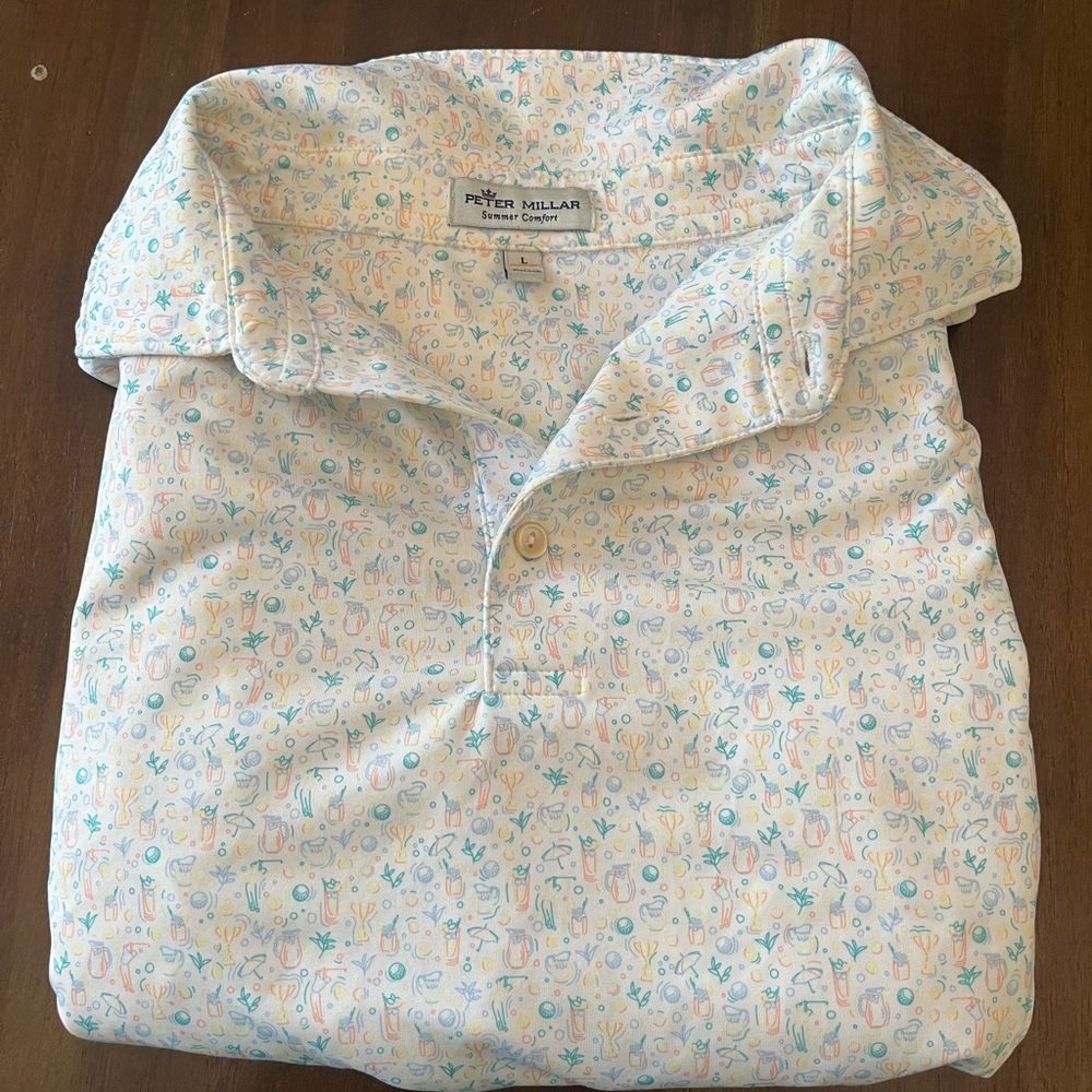 Peter Millar Men's Polo Shirt - Cream with Blue and Orange Pattern